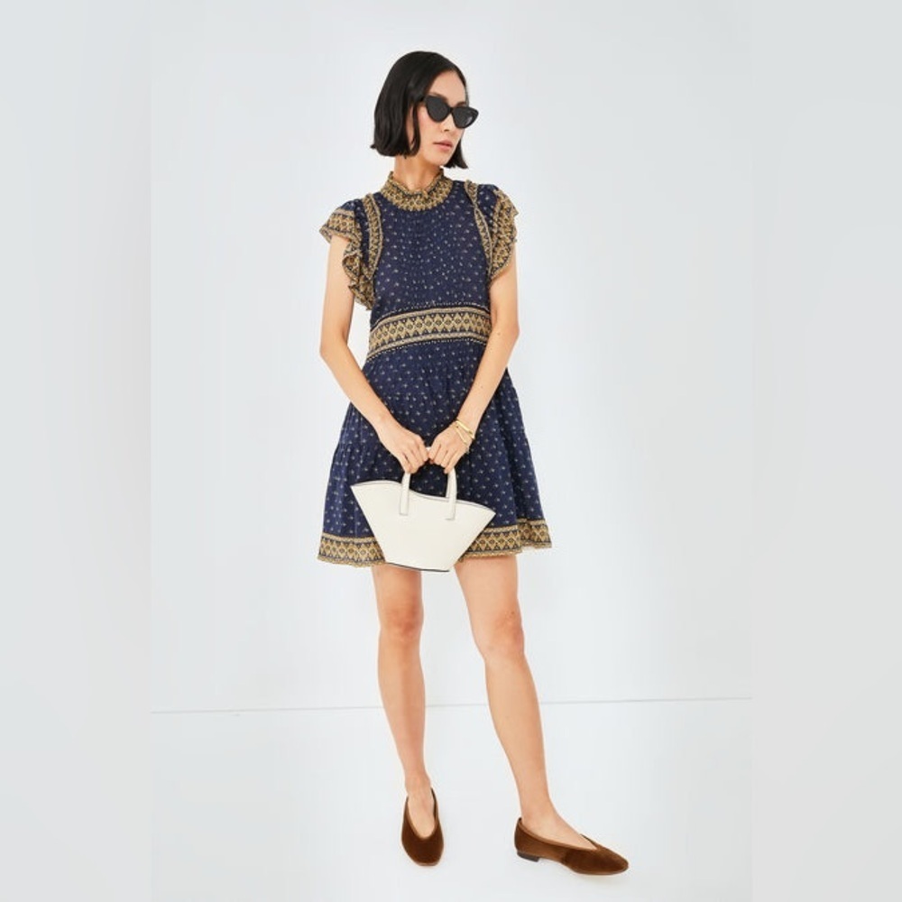 New! Sea New York Arlita Print Navy and Gold Flutter Tunic Mini Dress 💙 XS - Picture 5 of 8